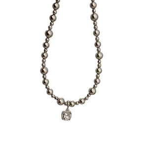 French style silver pearl necklace with a square zircon pendant for an elegant look