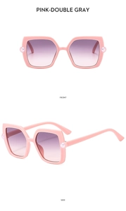 Front and side views of pink square children sunglasses with pearl details and gradient lenses