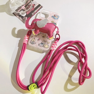 Universal clear phone case with pink elephant leather clip and braided crossbody strap
