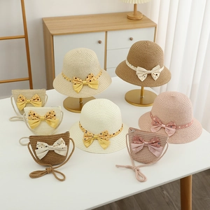 Kids summer straw hat and crossbody bag set with polka dot bows in multiple colors