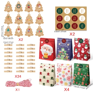 Christmas gift set details showing paper bags, stickers, wooden clips and cotton ropes