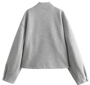 Back view of a casual grey wool-textured bomber jacket with a clean minimalist design
