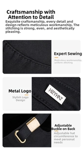 Detail of black cotton flat top hat featuring metal logo plaque and adjustable bronze buckle