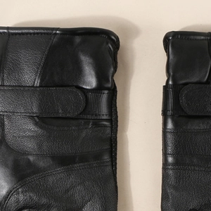 Men's winter warm black PU leather cycling gloves with adjustable wrist strap
