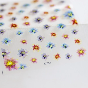 5D adhesive nail stickers with watercolor floral patterns in blue and red on white base