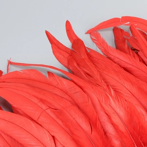 Detailed close-up of vibrant red natural feathers stitched on a sequin evening gown