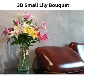 Close-up of 3D lifelike lily bouquet with two blooms and one bud in green glass vase