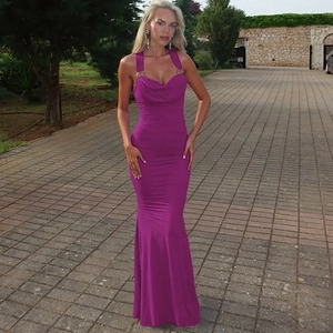 Detail of the backless magenta ruched bodycon dress with adjustable tie straps