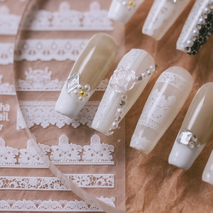 5D stereoscopic white lace and rose nail art stickers with pearls on nude nails
