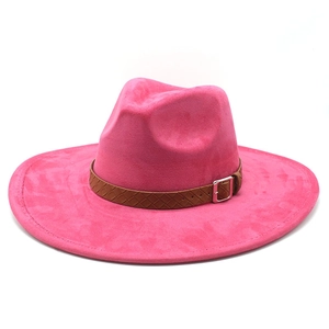 Rose pink wide brim suede fedora hat with brown leather braided band for elegant women
