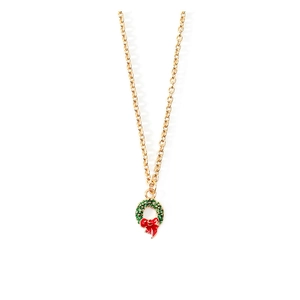 Detail of Christmas wreath pendant with green enamel and red bow on golden chain
