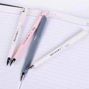 Detail of four mechanical pencils with cute cartoon patterns on open notebook background