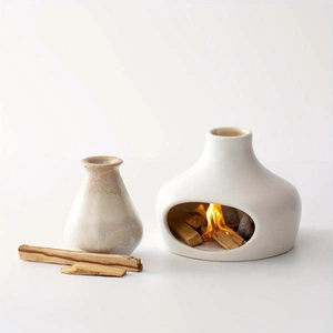 Minimalist white ceramic Palo Santo holder with sage burning tray for home aromatherapy