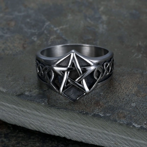 Vintage punk pentagram ring in stainless steel with Celtic knot engraved patterns