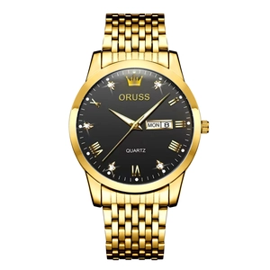 Macro shot of gold quartz watch dial with roman numerals and dual date window