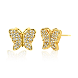 Geometric 18K gold plated butterfly stud earrings with sparkling cubic zirconia inlay