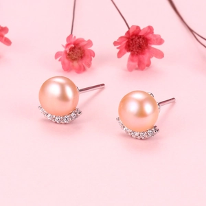 Elegant S925 silver stud earrings with pink freshwater pearls and sparkling cubic zirconia