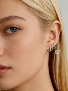 Close-up of S925 silver hoop earrings with cubic zirconia in sizes 10mm, 11mm, 12mm