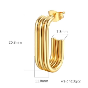 Three-layer 18K gold-plated oval stainless steel hoop earrings with size measurements