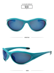 Close-up of blue cycling sunglasses with streamlined frame and mirrored blue lenses