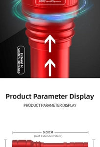 Detail view of red LED flashlight showing zoom focus mechanism and 9cm length scale