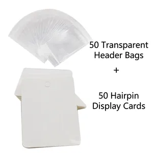 50 sets of white cardboard hair clip display cards and transparent header bags set