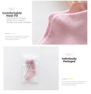 Detail view of pink cotton baby socks with satin bow and reinforced heel in clear packaging