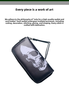Macro view of long zipper wallet showing white skull print and metal zip detail