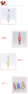 Close-up of spiral painted Christmas tree ornaments with metallic finish and gold hanging string