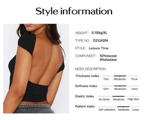 Fiche technique pour t-shirt dos nu composé de 92% de viscose et 8% d'élasthanne extensible