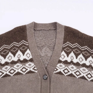 Brown Fair Isle knit cardigan featuring V-neck and geometric jacquard patterns