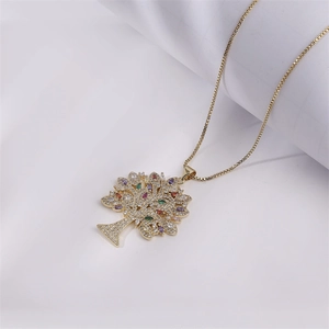 Iced out Tree of Life necklace with colorful zircon pendant on gold box chain