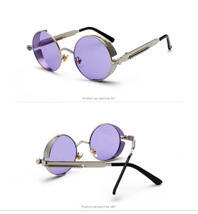 Detail view of round steampunk sunglasses with purple lenses and silver spring temple design