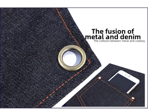 Detail of dark denim apron with metal eyelets, orange stitching, and reinforced pockets
