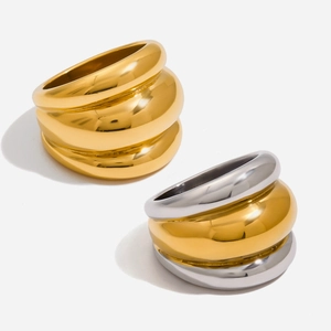 Chunky Dome Ring 18K Gold Plated Stainless Steel Dual Tone Ribbed Vintage Minimalist Statement Jewelry For Women