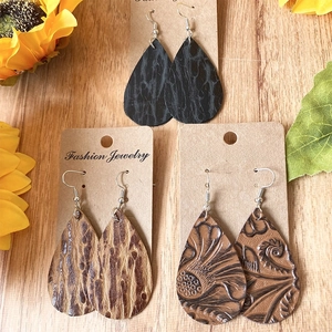 Three pairs of retro water-drop leather earrings in black and brown floral textures