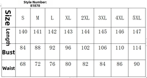 Size chart for deep V-neck rainbow chiffon dress ranging from size S to 5XL