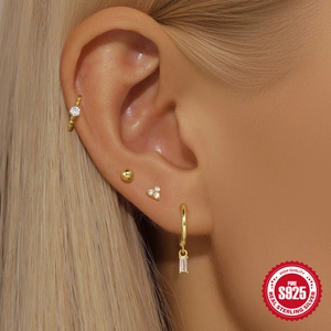 S925 sterling silver gold U-shaped earring set with cubic zirconia for women