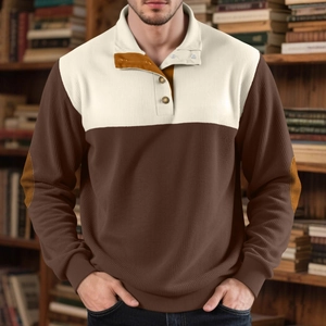 Men's retro colorblock long sleeve polo shirt with elbow patches and knit texture