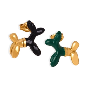 Asymmetric black and green enamel balloon dog stud earrings with gold plating