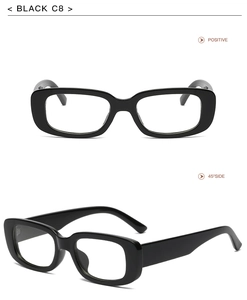 Front and 45-degree side views of black rectangular sunglasses with model BLACK C8