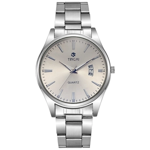 Classic silver quartz watch with steel band and calendar display on silver dial