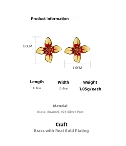 Detailed spec sheet showing white enamel flower stud earrings with dimensions and 925 silver needle