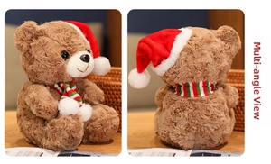 Close-up of brown Christmas teddy bear with red hat and striped scarf from multiple angles