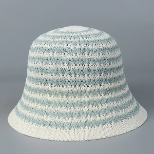 Close-up of the breathable hollow knit texture and striped pattern on the bucket hat