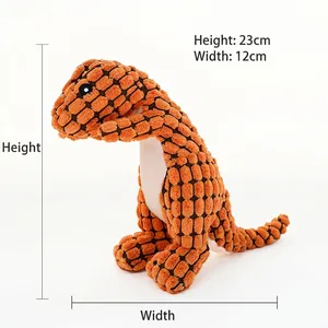 Detailed view of orange plush dinosaur toy showing 23cm height and 12cm width dimensions