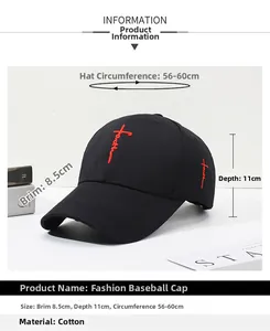 Guía detallada de tallas para una gorra de béisbol negra con bordado rojo de faith