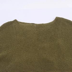 Olive green ribbed knit sweater with elegant lace stitching and a stylish crew neck