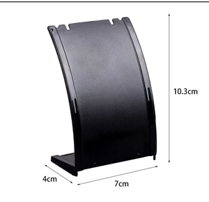 Detail view of black L-shaped jewelry stand with dimensions 10.3cm x 7cm for necklaces