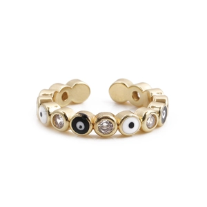 Gold adjustable evil eye ring with blue enamel and sparkling cubic zirconia stones